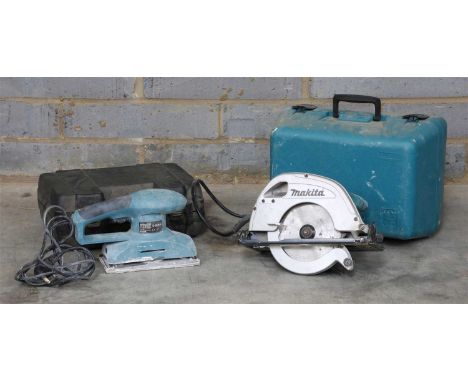 A Makita 5704R 190mm electric circular saw, an Erbauer electric sander, An Erbauer electric router and a Bosch PBH 2000 rotar
