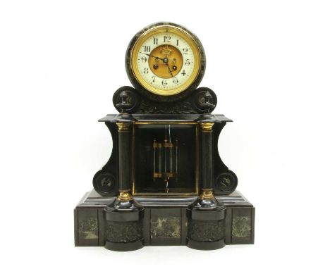 A Victorian black slate and variegated marble mantel clock, with visible Brocot escapement, white enamel chapter ring, with A