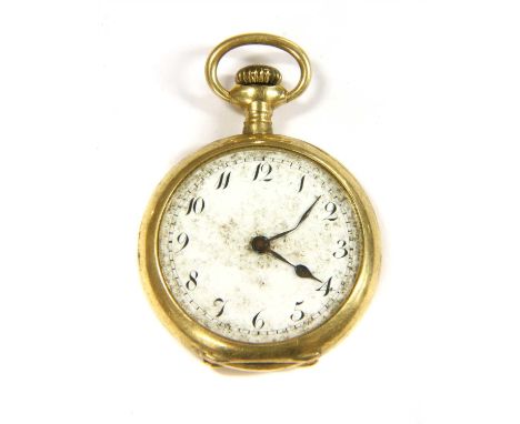 An 18ct gold top wind pocket watch, with white enamel dial, Arabic numerals, blued steel spade hands (glass defective), gold 