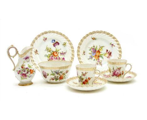 A Dresden porcelain coffee service, late 19th to early 20th Century, compirsing coffee cups and saucers, side plates, two twi