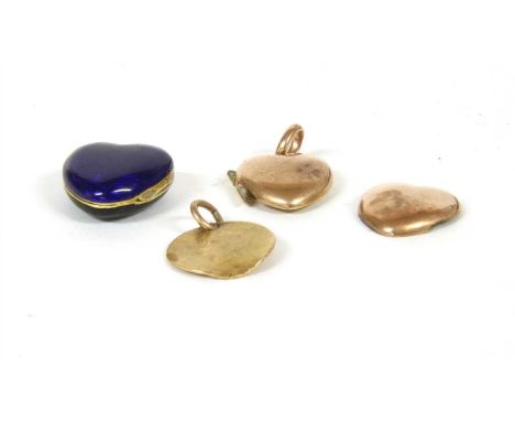 A hinged black and blue enamel heart shaped locket, tested as approximately 18ct gold, a drilled coin pendant, tested as appr