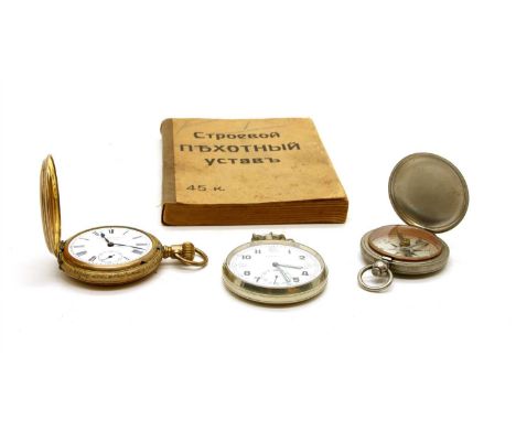 A Frenca GSTP chromium pocket watch, together with a gold plated example and an engineer's compass, and Russian booklet (3)