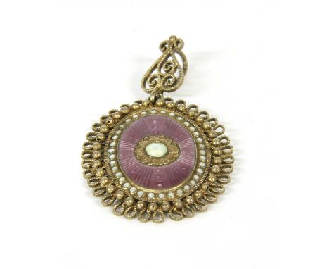 Norwegian silver gilt enamelled pendant by Marius Hammer, with a floral motif to the centre with white enamel, to purple enam