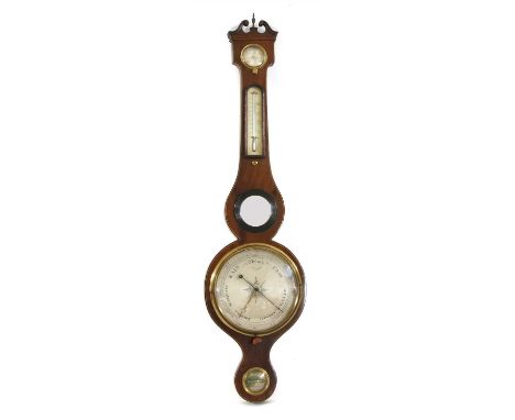 A George III mahogany and boxwood strung five dial barometer and thermometer, by James Tyte of Warminster, with an urn shaped