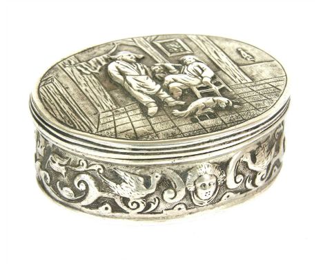 A German hallmarked silver oval snuff box, late 19th century, the hinged lid with a repousse decorated interior scene, above 