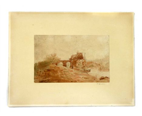 Thomas Girtin (British, 1775-1802) Preliminary pencil, ink and watercolour sketch depicting bridge and riverbank Pencil signe