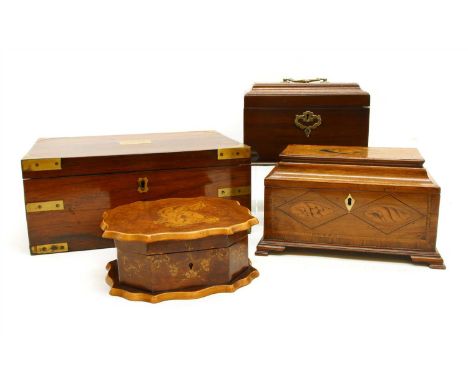 A collection of boxes, to include a mahogany tea caddy having inlaid lozenge shaped shell patera, a rosewood sewing box, cand
