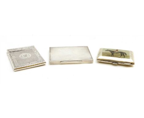 A Victorian silver card case, together with an engine turned card case, and a silver cheroot case with an image of a horse an