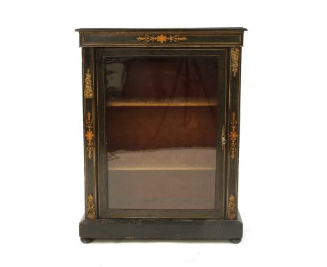 A Victorian ebonised and inlaid pier cabinet, with glazed door on a plinth base, 76cm, 32cm, 102cm