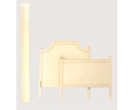 A modern painted wood single head and tail board, in the French style with rails, 100cm wide, and six ladder back dining chai