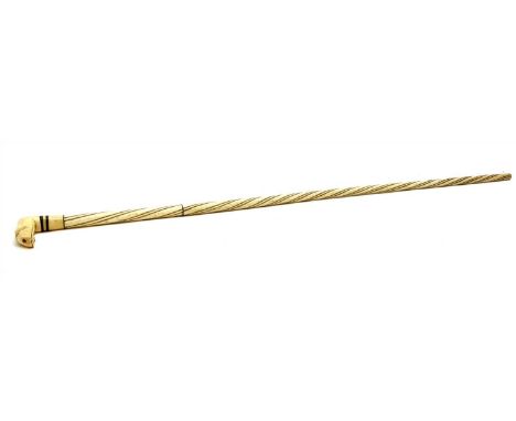 A marine ivory and whalebone walking stick, 19th century, with hoof form handle with baleen rings over a tapering wrythen can