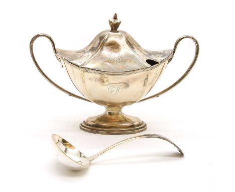 A silver sauce tureen, cover and ladle, raised on pedestal foot, by William Aitken, Birmingham, 1904