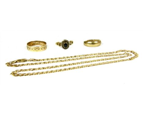 A sapphire and diamond ring, with an oval mixed cut sapphire claw set to the centre, to a border of rose cut diamonds, grain 