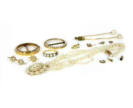 A quantity of pearl jewellery, (pearls untested) , to include two stick pins, one tested as approximately 15ct gold, the othe