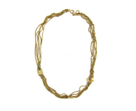 A five strand box link chain necklace, with two enamel slides, to bolt ring clasp, tested as approximately 9ct gold, 405mm lo