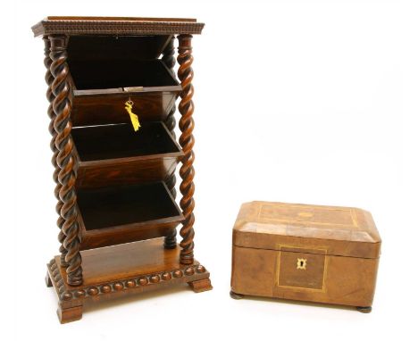 A 19th century mahogany three tier sewing box, and key, together with a tea caddy (2)