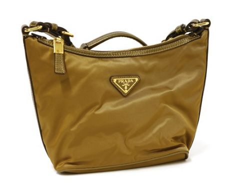 A Prada metallic canvas mini shopper handbag, a brown metallic canvas with maker's iconic triangular enamel monogram plaque, 