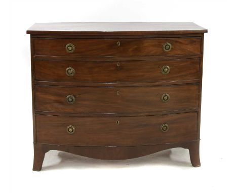 A 19th Century mahogany bowfronted chest of four graduated drawers, with brass ring handles, on outswept bracket feet, 102cm 