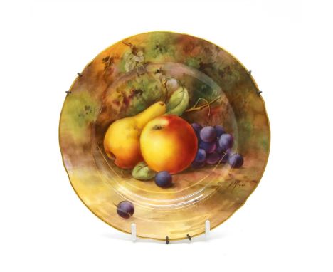 A Royal Worcester hand painted side plate, decorated with a pear, apple and grapes, signed 'Price', 17cm diameter