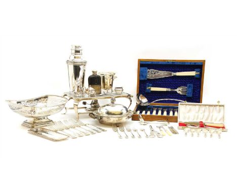 A collection of silver plated items, to include a ladle, bread basket, cased set of fruit knives and forks having silver ferr