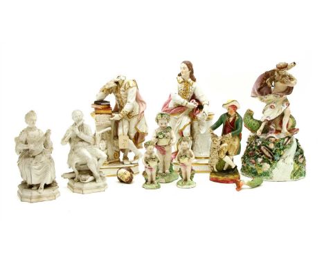 A collection of porcelain figures, to include a Bloor Derby gentleman leaning on a mound of books, a similar figures depictin
