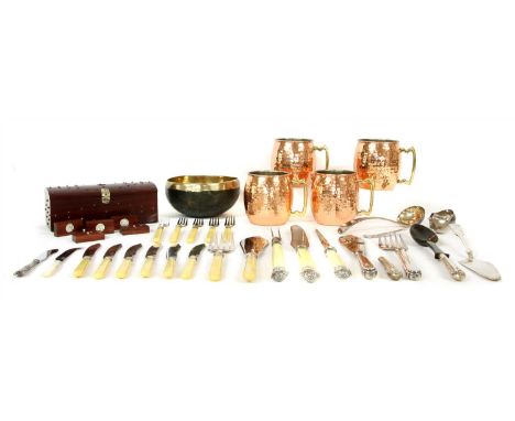 A collection of silver and plated flatware, to include a German silver ladle, silver handled, bladed and tined fish servers, 