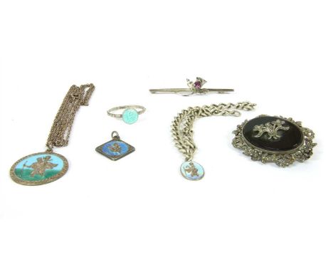 A large quantity of silver and costume jewellery, to include an enamel St Christopher pendant and ring, paste thistle bar bro