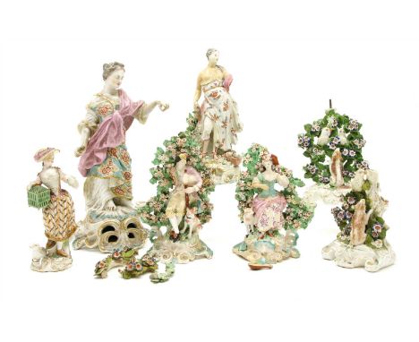 A collection of 18th century and later porcelain figures, to include Derby patch bocage figures, a Britannia type figure and 