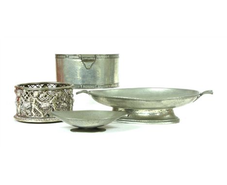 A Regency rosewood sarcophagus form tea caddy , with silver plated coaster, together with an Arts and Crafts planished pewter