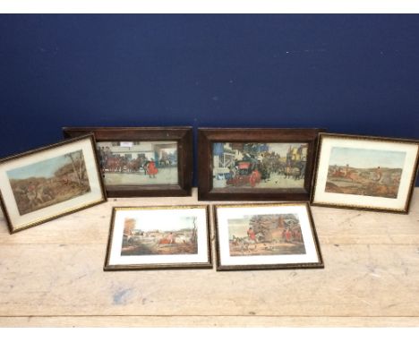 Henry Alken a set of 4 hunting engravings in Hogarth frames, together with 2 coaching prints in oak frames, various sizes 