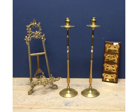 Pair of tall heavy brass candlesticks, ornate brass easel &amp; Art Nouveau brass &amp; wood letter rack 