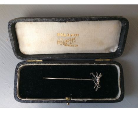 Cased hallmarked silver stick pin surmounted by Fox 