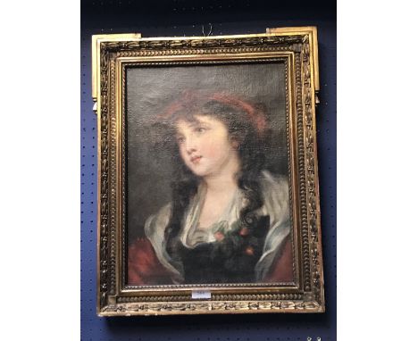 C19th continental oil on canvas ' Portrait of a Young Lady in Red  Bonnet' head &amp; shoulders in decorative gilt frame  45 