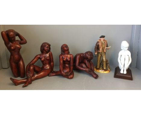 4 wooden models of carved ladies, and a ceramic model of a lady; and Royal Doulton figure of Field Marshall Montgomery, D-Day