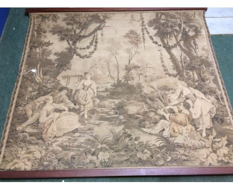 Large tapestry panel depicting classical romantic scene of figures fishing by a pond 