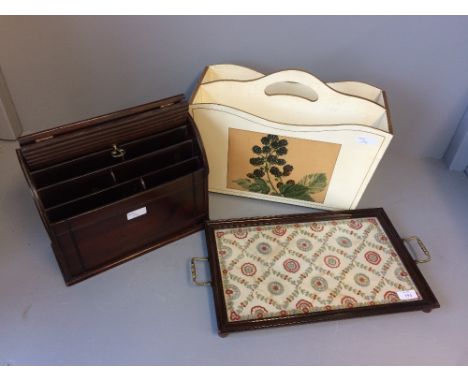Mahogany desk tidy with tambour front, small mahogany and brass handled glazed tapestry tray and a modern painted magazine ra