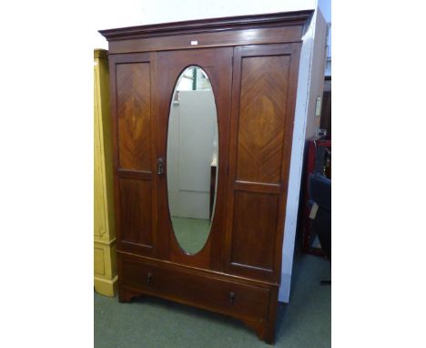 Edwardian inlaid mahogany wardrobe with oval bevelled mirror above a drawer 116Wx43Dx198H cm 