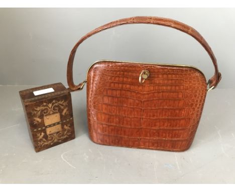 Burr walnut &amp; inlaid playing card case &amp; Argentinian faux crocodile ladies handbag 