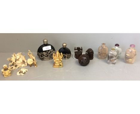 Four Chinese inside-painted snuff bottles mid C20th,  &amp; qty Netsuke, and wooden carvings etc 