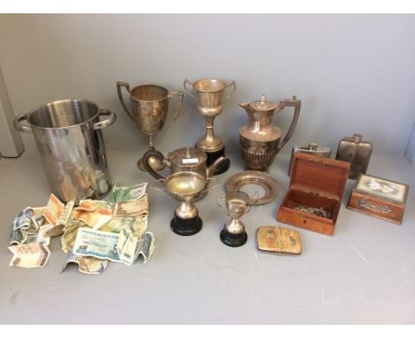 Quantity of silver and silver plate, cups, hipflasks etc, and various monies etc 
