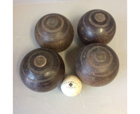 4 vintage wooden and inlaid bowles, and white jack, marked F H Ayres Ltd London 