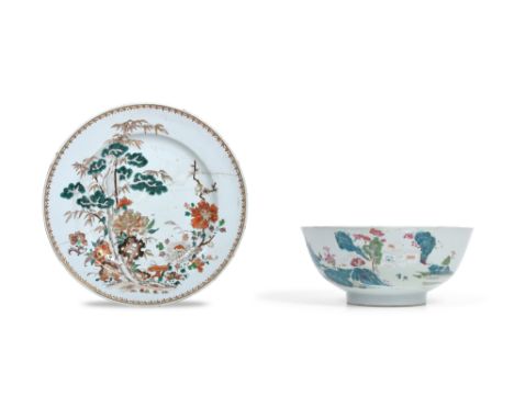 TA 5% Vat. A CHINESE FAMILLE VERTE 'THREE FRIENDS OF WINTER' CHARGER AND A FAMILLE ROSE 'LANDSCAPE' BOWLYongzheng / Qianlong 
