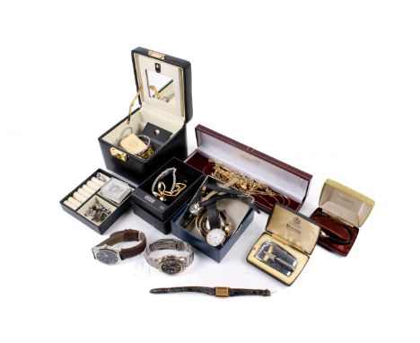 A small group of costume jewellery, watches and a lighter. The jewellery including two gold plated silver chain necklaces, ma