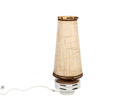 A mid-century West German 'fat lava' ceramic table lamp base with original fabric shade. Of hexagonal form, mottled brown gla