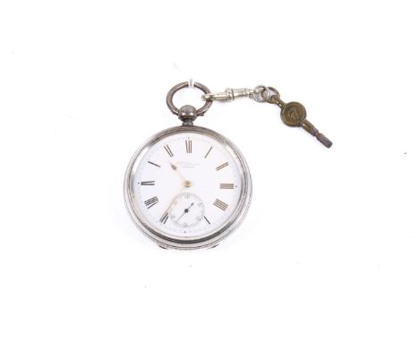 A late 19th century J W Benson silver cased pocket watch. With black Roman numerals to the white face, diameter 4.2cm, hallma