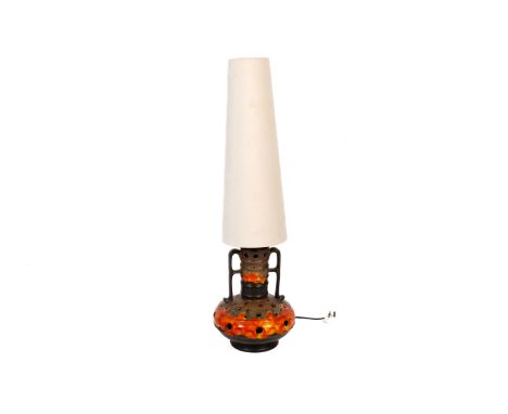 Mid-century West German 'fat lava' ceramic table lamp and shade. In the form of a twin handle vase, regular pierced hole deco