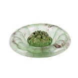 A 1930s Davidson green cloud glass bowl and frog. With swirls of brown in the glass, diameter 25cm.