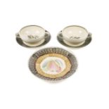A set of two mid-century Susie Cooper Ferndown soup bowls with saucers. With a Susie Cooper plate.