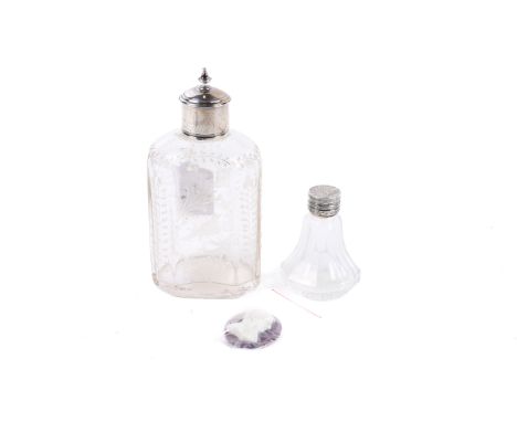 A holy water bottle, a glass tea caddy and a Napoleon plaque. The glass bottles with silver plated lids with engraved initial