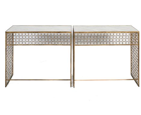 Pair of contemporary marble top console tables. With gilt metal frames. H81cm x W88cm x D35cm